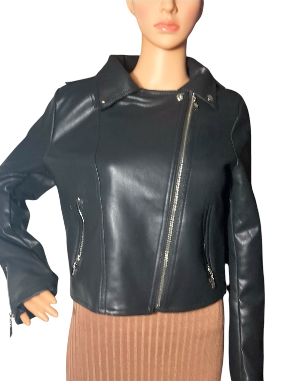 Black Faux Leather Moto Jacket - Women - Picture 3 of 11